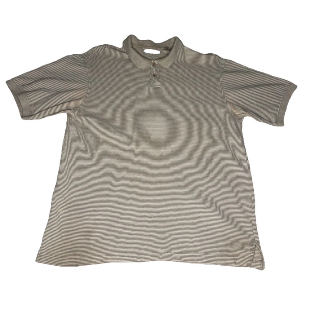 Geoffrey Beene Polo Shirt Mens Large Beige Excellent Striped Cotton Rayon Blend